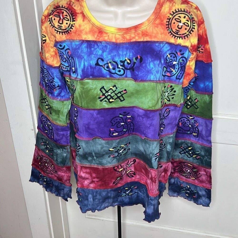 KPC Himalayan Tie Dye Hand Painted Beaded Patchwork Long Sleeve Top Nwt XL